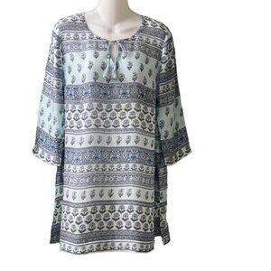 NWOT J. Jill Women's Blue Boho Floral Tassel Tie 3/4 Sleeve Tunic Size XS